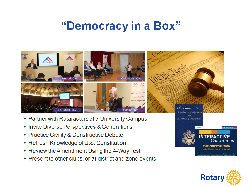 Slide titled Democracy in a Box listing steps such as partnering with Rotaractors and practicing civil debate
