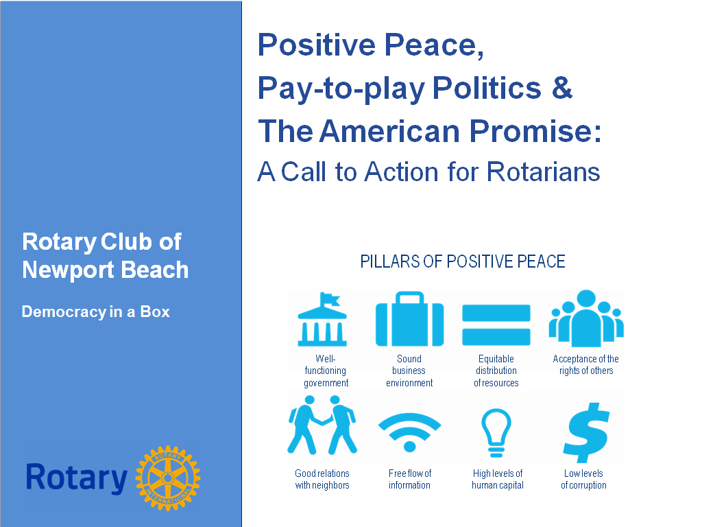 Title slide: Positive Peace, Pay-to-play Politics and The American Promise, a call to action for Rotarians, with the 8 Pillars of Positive Peace icons